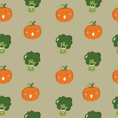 Cute seamless pattern with cartoon vegetables - pumpkin and broccoli. Illustration for cards, posters, flyers, webs and other use.	