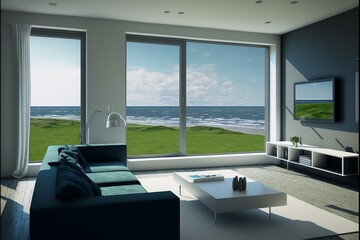 Obraz na płótnie Canvas Beautiful view of the ocean from the house living room, background, modern style interior