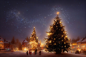 Beautiful Christmas tree with a star on the town square, night winter scene with stars, AI generated image