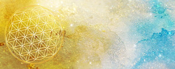 Funkelnde Blume des Lebens auf einem glitzernden Banner  mit abstrakten Lichtern in Gold und Cyan bietet viel Freiraum für Text und individuelle Gestaltung