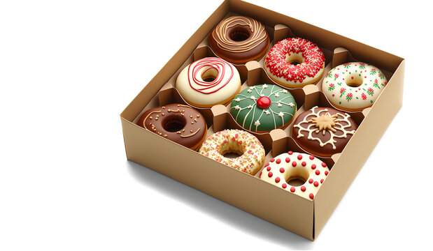 Sugar-coated donuts, desserts, in a rectangular box of soft powder like a cake. There are many flavors and beautiful colors. Most people eat it for breakfast Isolated background