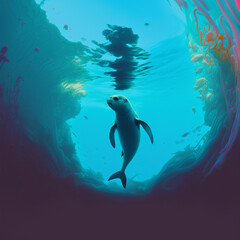 Fototapeta premium Illustration of Mediterranean seal underwater surrounded by flock of fish