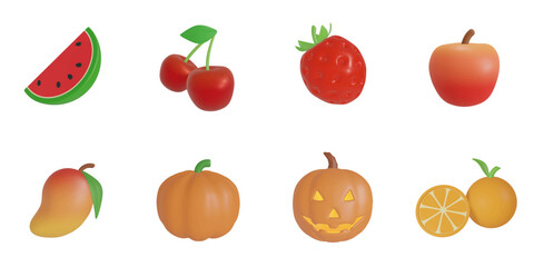 3d rendering. fruits icon set on a white background.melon,cherry,strawberry,apple,mango,pumpkin,halloween pumpkin,orange