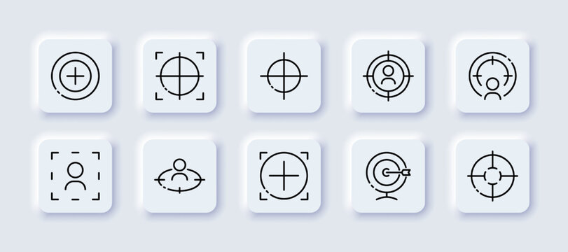 Focus neomorphic line icons set. Concentration, mindfulness, camera, smartphone, video, lens, screen, eyes, monitor, watch, see. technology concept. Vector neomorphic black line icons set