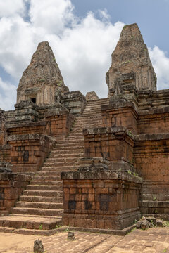 Steep stone steps climb to two towers, Pre Rup, Angkor Wat; Siem Reap, Siem Reap Province, Cambodia