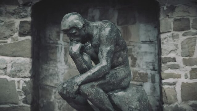 Thinking man statue. 3D animation of 100 year old statue Thinker by Auguste Rodin.