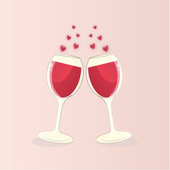 Two glasses of wine with hearts. Celebration of the festive event. Valentines day.
