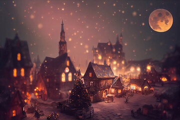 Fototapeta na wymiar Little old town decorated for Christmas, winter night, snowfall, AI generated image