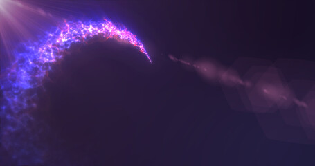 Abstract flying magical glowing line of energy purple particles in the rays of a brilliant sun on a dark background. Abstract background
