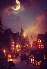 Beautiful little town decorated for Christmas, lights in the windows, the moon in the sky, AI generated image