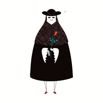 Person in traditional Venetian carnival costume bauta, isolated on white. Hand drawn cartoon character vector illustration. Carnival of Venice concept, design element for poster, flyer, banner