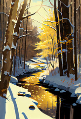 Obraz premium A painting of a stream running through a snowy forest. Scenic and calm artwork in loose paint style. White and gold colors. Generative AI.