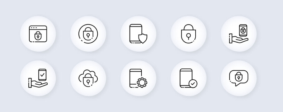 Gadgets neomorphic line icons set. Web page, firewall, password, smartphone, hand, cloud storage, speech bubble, settings. Technology concept. Vector neomorphic line icons set