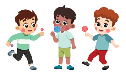 Three Kids Eating Candy and Lollypop