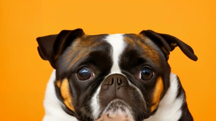 Studio photo of a happy Frenbch Bulldog dog. Studio lighting, studio backdrop, white, brown and black fur. Happy playful pet. 