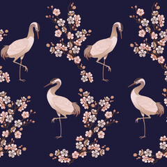heron bird and japanese cherry vector illustration, blue background pattern seamless
