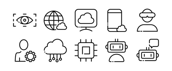 Gadgets line icons set. Virtual reality glasses, smartphone, cloud storage, computer, focus, assistant, robot, processor, internet, user. technology concept. Vector line icons set