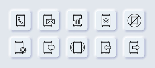 Smartphone neomorphic line icon. Phone, call, communication, dialogue, business, conversation, chat, application, finance, work, call center, bank. technology concept. Vector neomorphic line icons set