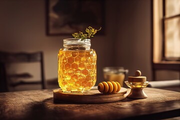 Jar of honey and spoon on table, Food Photography