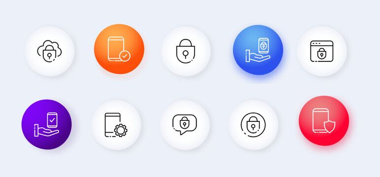 Gadgets neomorphic line icons set. Firewall, web page, password, smartphone, cloud storage, hand, speech bubble, settings. Technology concept. Vector neomorphic line icons set