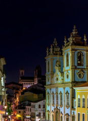 Fototapeta na wymiar View of historic Pelourinho neighborhood, houses and churches during dusk in Salvador city in Bahia