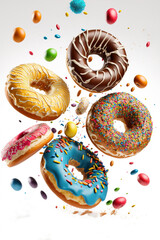 .Glazed Donuts with sprinkles flying on a background. mix of multicolored sweet donuts with sprinke..