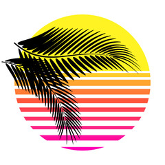 Synthwave, vaporwave, retrowave 80s neon landscape, gradient colored sunset with palm tree leaves silhouettes isolated on white background. Retro futuristic aesthetic solar circle emblem