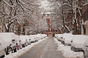 Cars covered with snow, Chestnut Street, Beacon Hill, Boston, Suffolk County, Massachusetts, USA