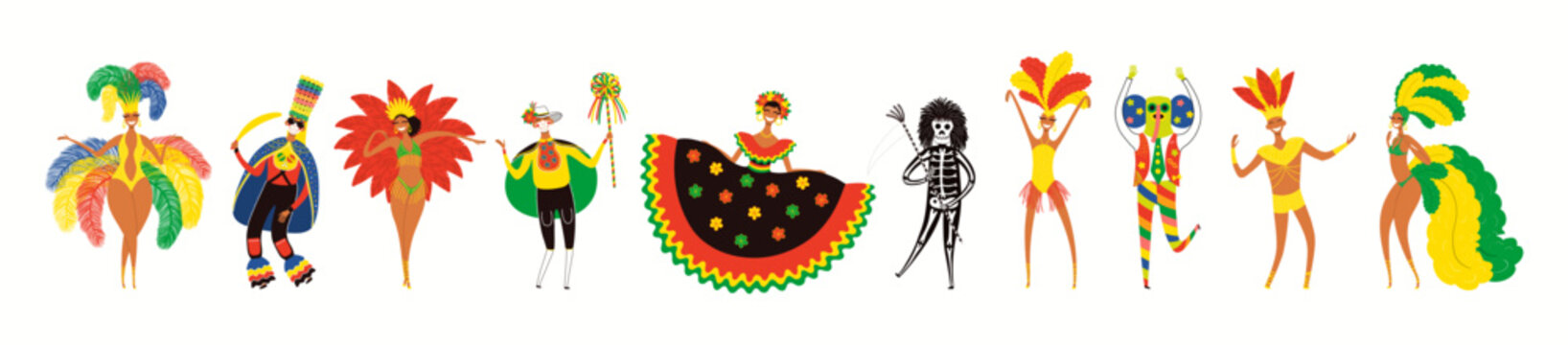 People, dancers in Colombian carnival traditional costumes, isolated on white. Hand drawn cartoon characters vector illustration. Barranquilla concept, design element for poster, flyer, banner