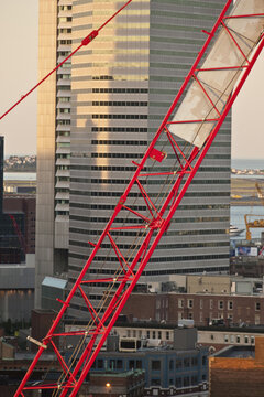 Crane with a bank in the background, Federal Reserve Bank Of Boston, Boston, Suffolk County, Massachusetts, USA