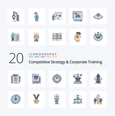 20 Competitive Strategy And Corporate Training Line Filled Color icon Pack like convention business notebook focus deadline