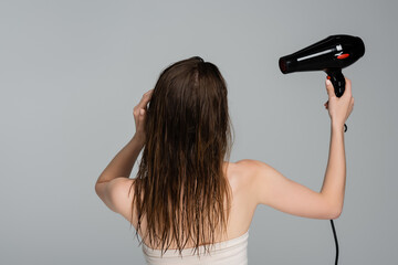 back view of young woman with wet hair using hair dryer isolated on grey