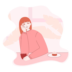 Girl drinking coffee and eating cupcake in coffee shop or cafeteria, young woman holding her cup sitting at cafe table, flat vector illustration, cartoon character
