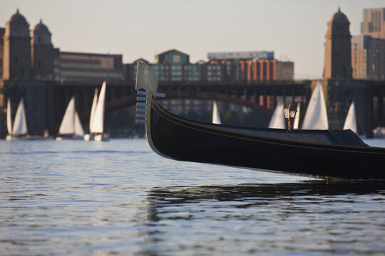 Gondola in a river with arch bridge in the background, Longfellow Bridge, Charles River, Boston, Suffolk County, Massachusetts, USA