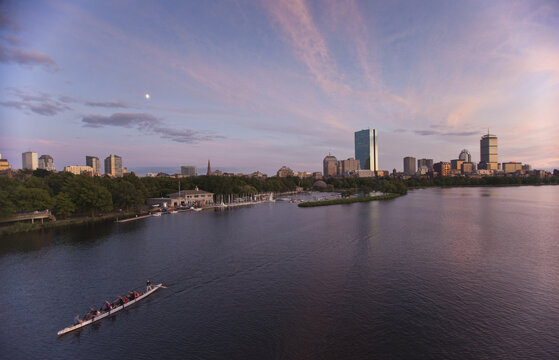 Boat in the river with city skyline in background, Charles River, Back Bay, Boston, Suffolk County, Massachusetts, USA