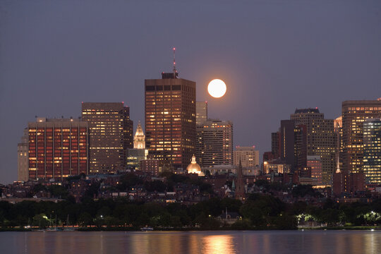 Full moon over city, Custon House, Charles River, Beacon Hill, Boston, Suffolk County, Massachusetts, USA
