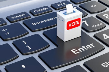 Fototapeta premium Online election, online voting concept. Ballot box on laptop keyboard, 3D rendering