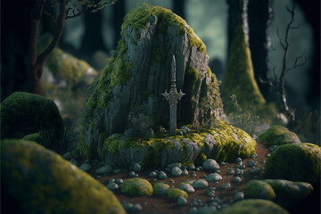 3D render of a sword on a stone - Generated by Generative AI