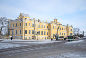 View of the building of the Oranienbaum railway station on a February afternoon