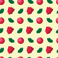 Berry, juicy pattern with mint on a yellow background.