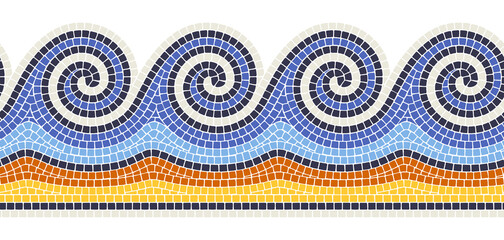 Ancient mosaic wave seamless border. Decorative antique stone ornament. - obrazy, fototapety, plakaty