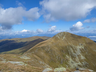 Panoramic view of mountain peak Kreiskogel and Scharfes Eck, Seetal Alps, Styria (Steiermark),...