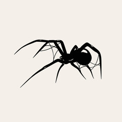 Black Widow spider with spider web. Deadly venomous spider. Hand drawn Vector isolated illustration. Logo, icon, tattoo idea, halloween decoration, poster, card, design element template