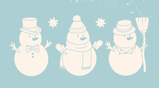 White Snowman set. Isolated snowmen with branch arms, top hat, bow tie, beanie, scarf and broom. Winter, Merry Christmas, holiday concept. Cute funny characters. Hand drawn Vector illustration