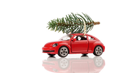 Model Car with Christmas Tree isolated on white background