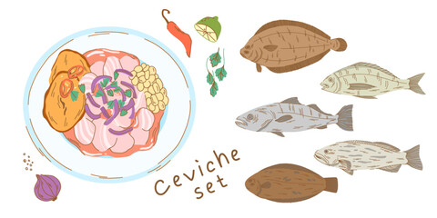 A set of ceviche with fish for cooking and a plate with an appetizer. Fish ceviche with sweet potato
