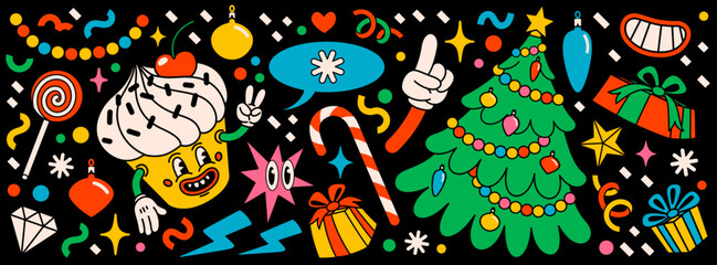 Merry Christmas and Happy New year pack of trendy retro cartoon characters. Groovy hippie Christmas stickers with Christmas tree, cupcake and winter objects. Vector Cartoon characters and elements.
