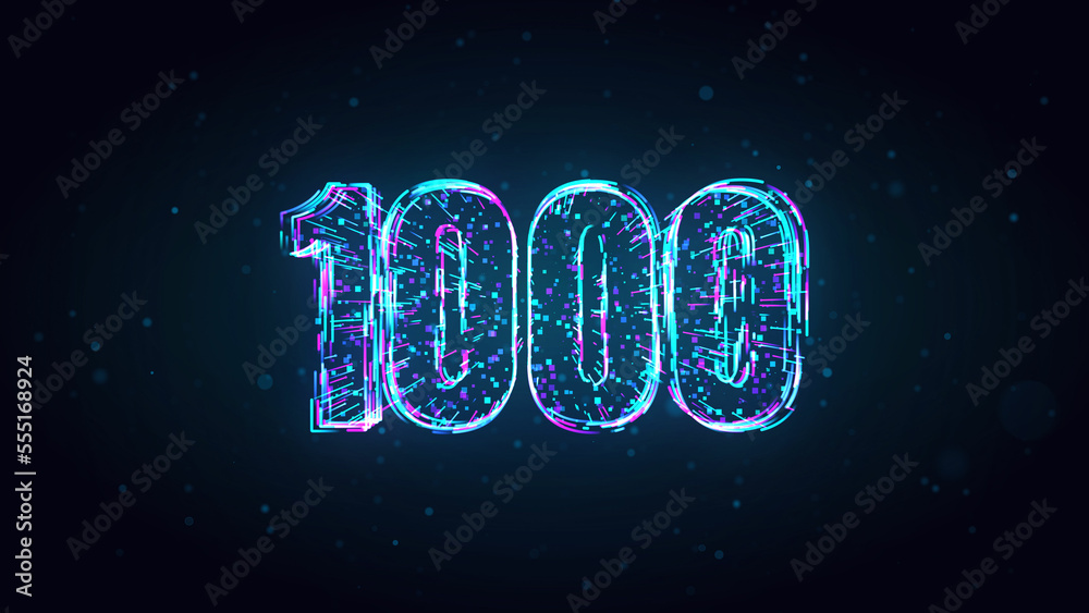 Wall mural Abstract Futuristic Blue Purple Shiny Number 1000 3d Lines Effect And Square Dots Particles On Dark Blue Glitter Dust Background