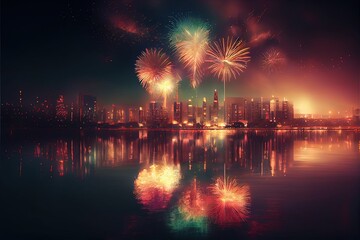 Fototapeta premium New year's eve fireworks, city skyline - generative ai