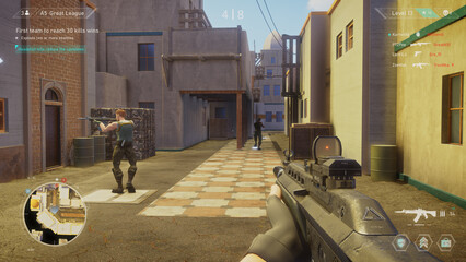 Video Game Mock-up Concept: Game play 3D Shooter Online Multiplayer Battle. Fun FPS for Pro Gamers. POV Person Playing, Shooting Enemies, Scoring Kills. Online Tournament Cyber Championship © Gorodenkoff
